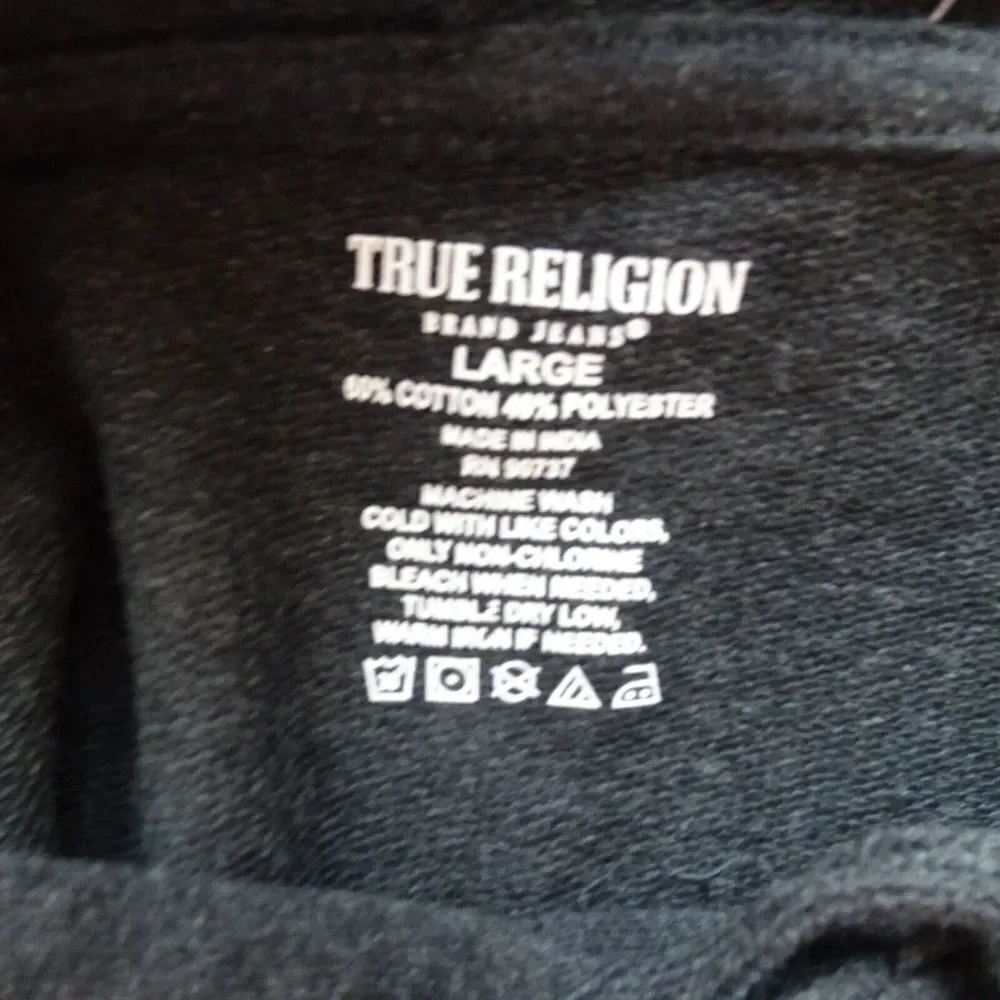 TRUE RELIGION Hooded Sweatshirt Pullover Lightweight Long SL Charcoal Gray NWT L
